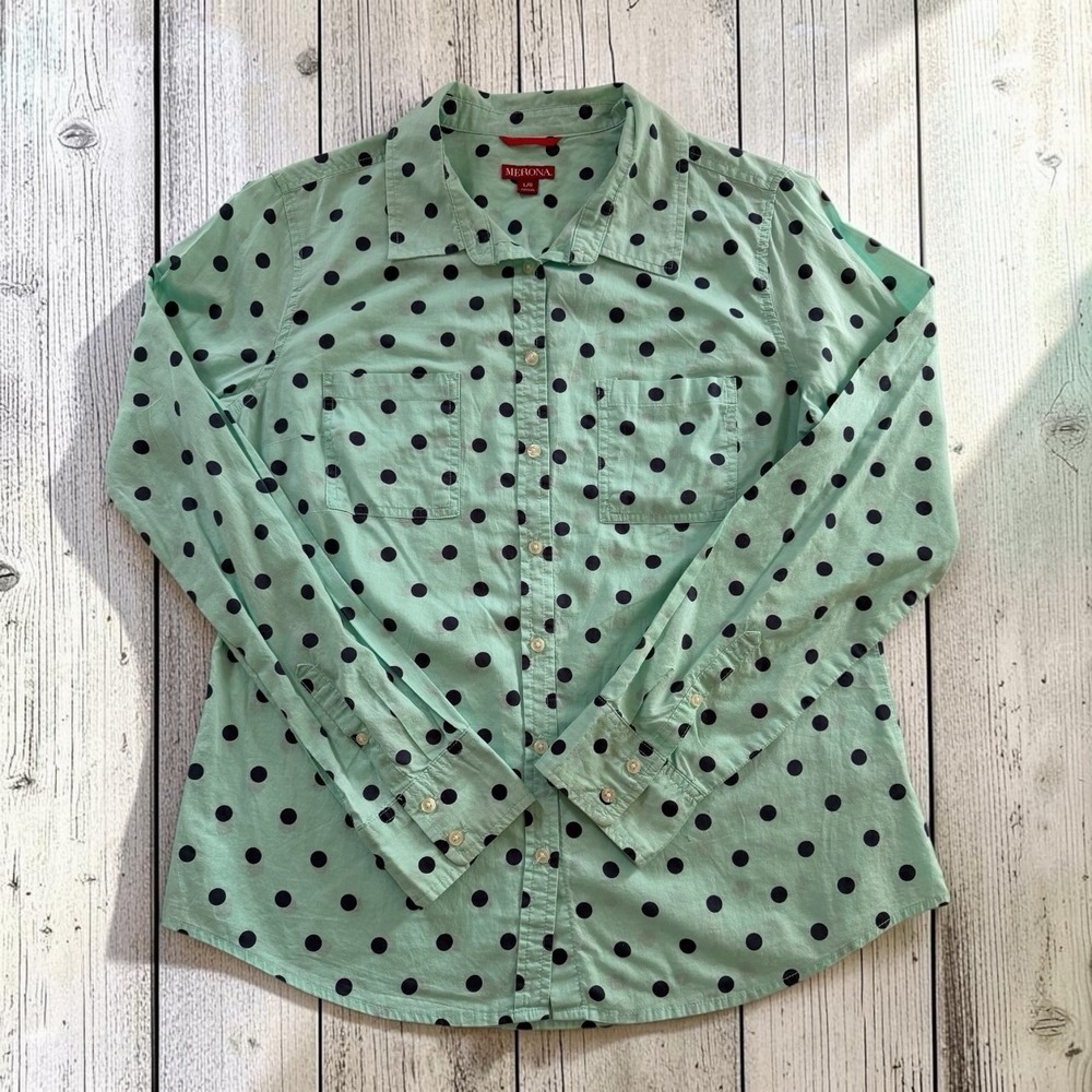 Merona Mint Green Polka Dot Button Up Shirt Womens L 100% Cotton Long Sleeve